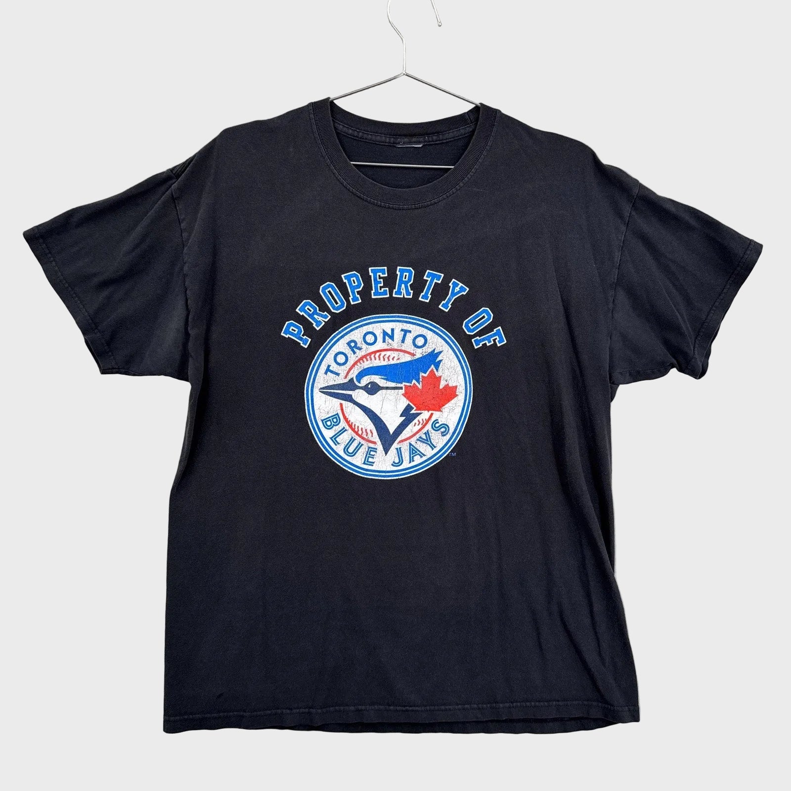 Black t-shirt with Toronto Blue Jays logo on a gray background