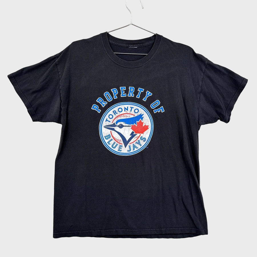 Black t-shirt with Toronto Blue Jays logo on a gray background