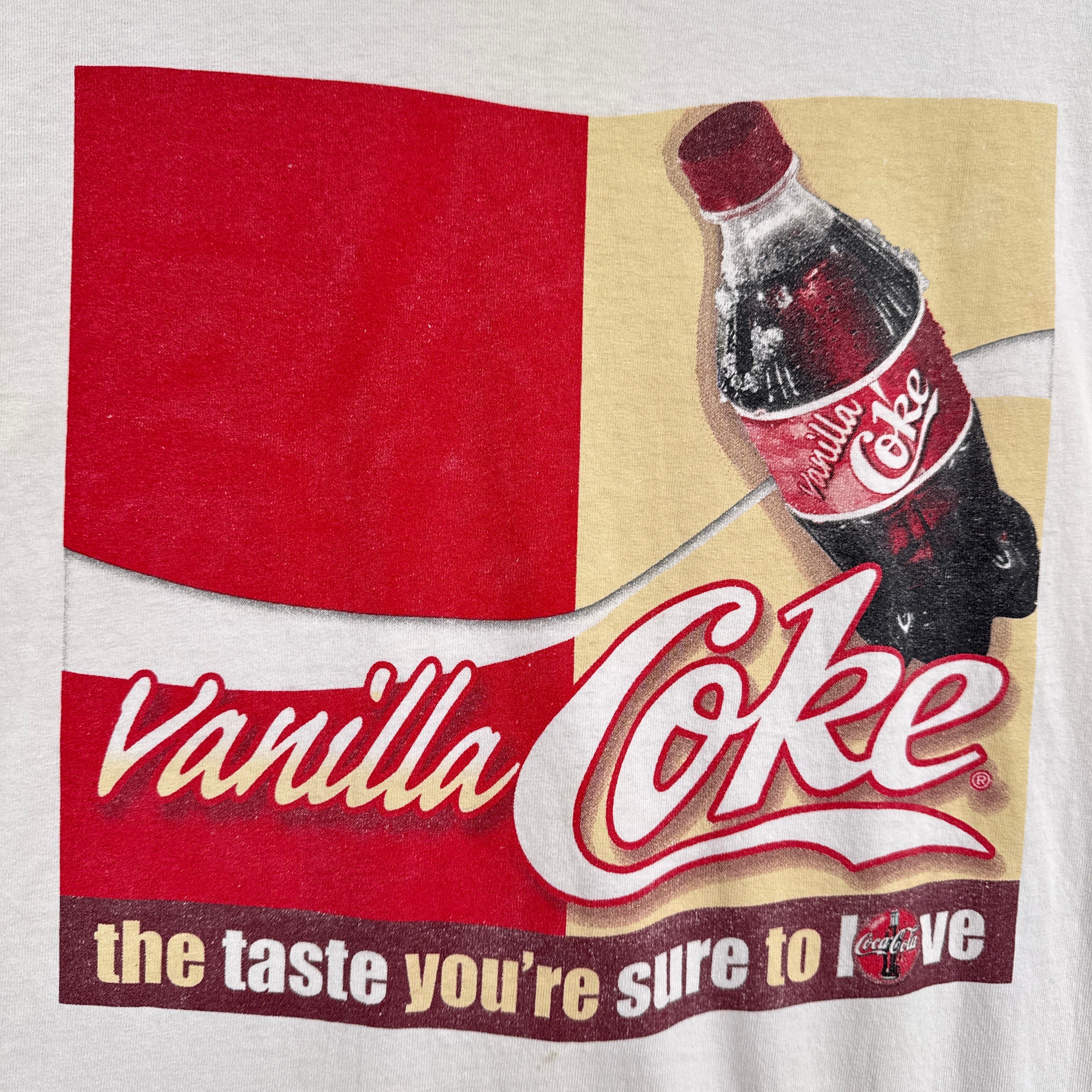 Coca-Cola Vanilla bottle design on a red and beige background