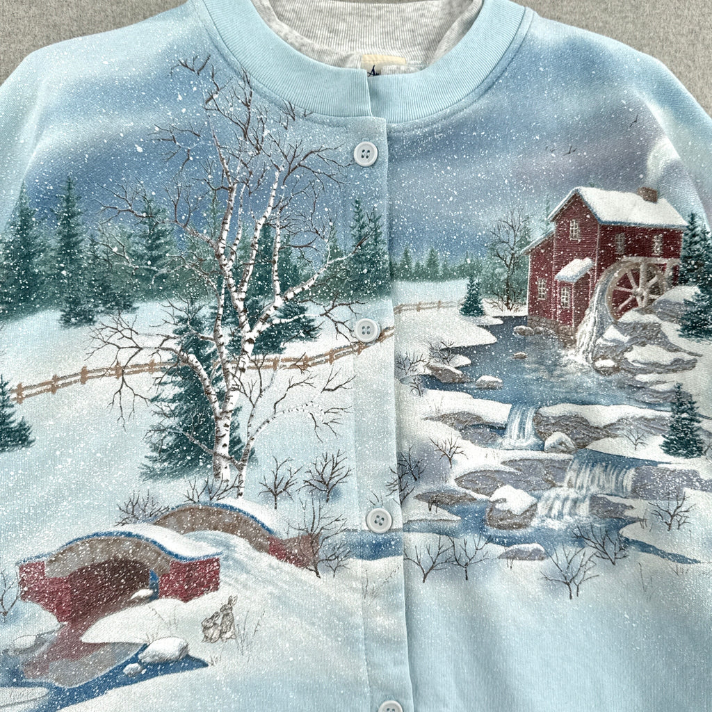 front of sweatshirt snowy landscape river house mill
