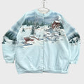 Winter Lanscape Button Cardigan Sweatshirt front. blue and white