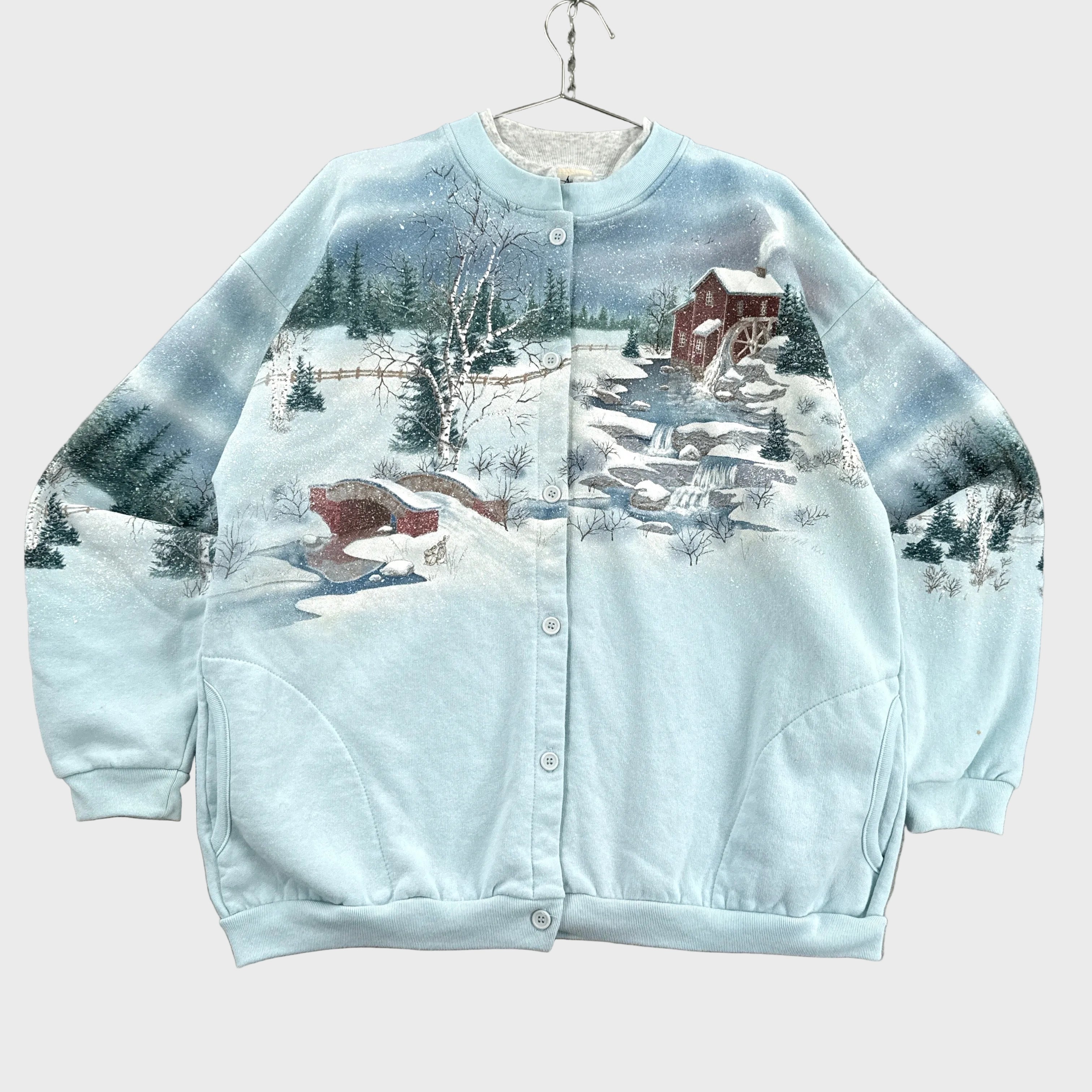 Winter Lanscape Button Cardigan Sweatshirt front. blue and white