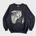Black sweatshirt with a wolf graphic on a white background