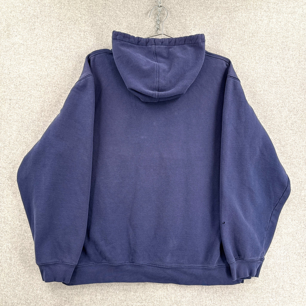 Navy blue hoodie on a beige background back of sweatshirt