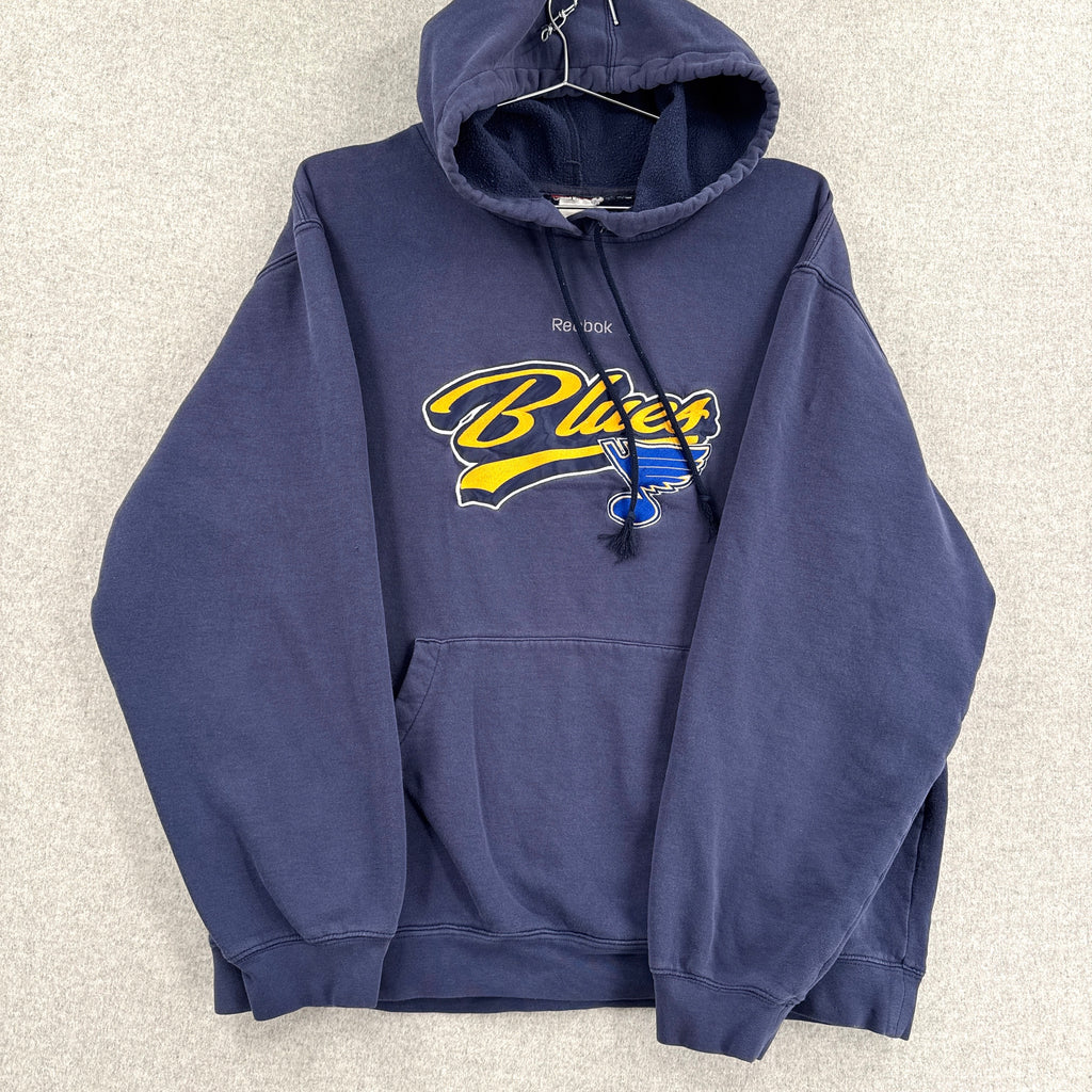 Navy blue hoodie with 'Blues' logo on a light gray background